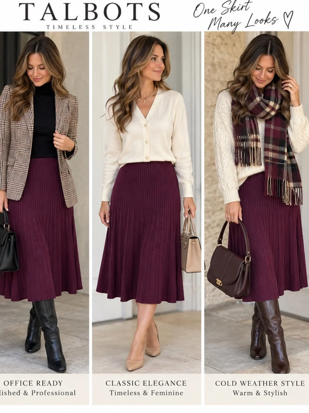 Talbots XL 100% Merino Wool Ribbed Midi Skirt Plum Burgundy NWT
